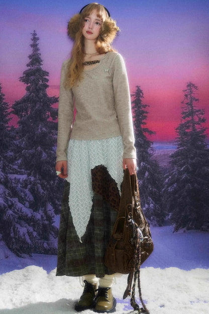 High Waist Irregular Plaid Leopard Print Midi Skirt