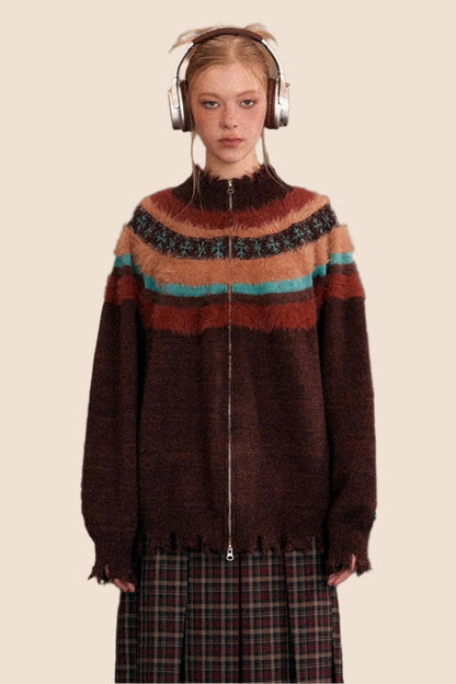 EZEK's stimmungsvoller amerikanischer Retro-Lazy-Stil Nähte kontrastierende Pullover Damen Frühjahr und Herbst Reißverschluss Strickjacke Jacke