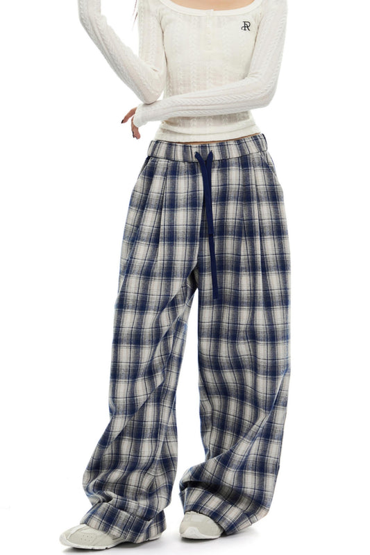 Brushed Plaid Elasticated Waist Pants