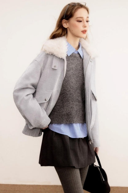 Chenille Detachable Fur Collar Jacket