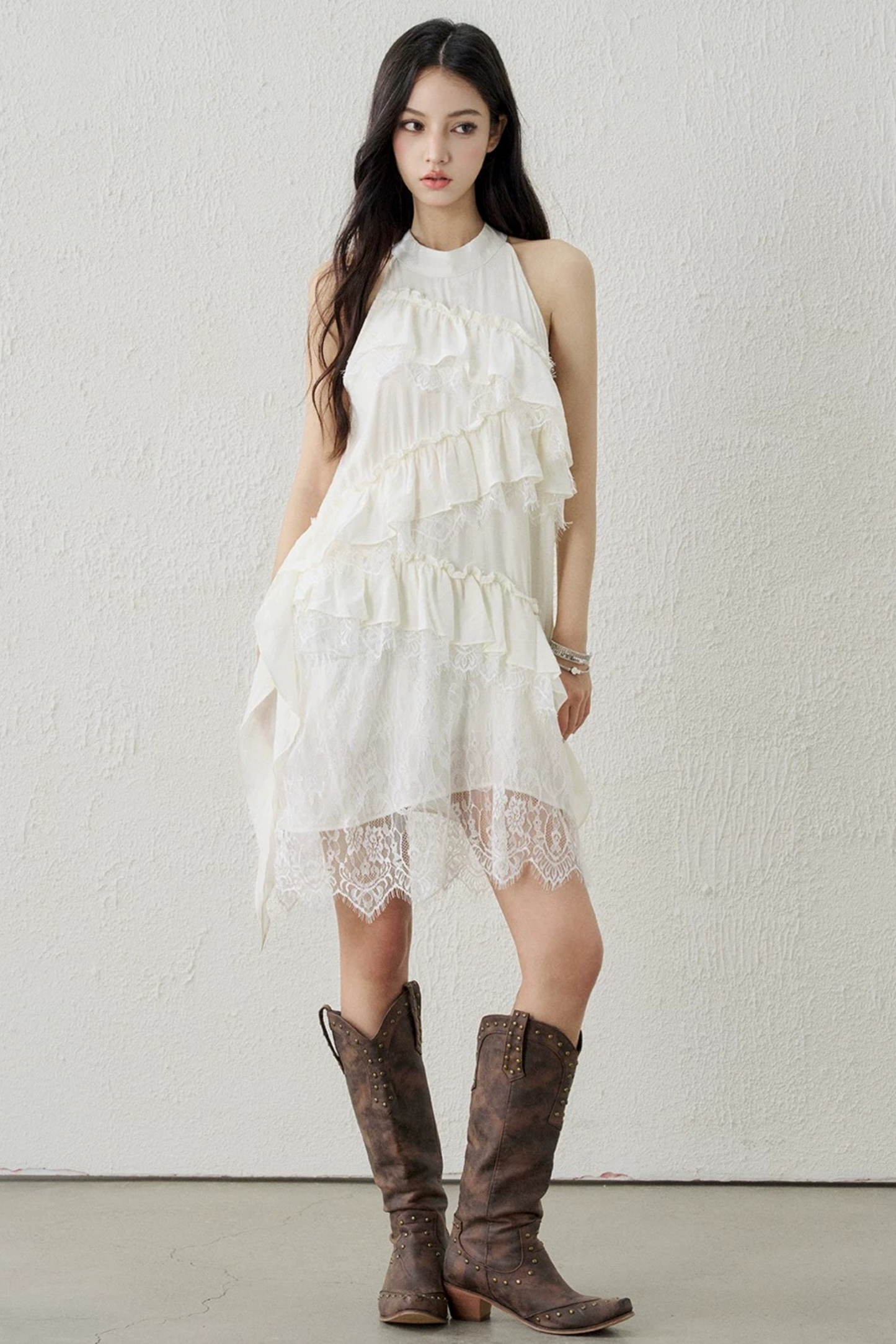 Apricot Lace Ruffle Dress