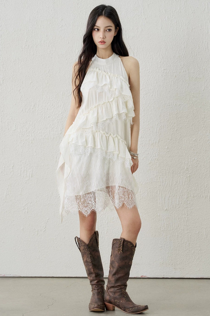 Apricot Lace Ruffle Dress