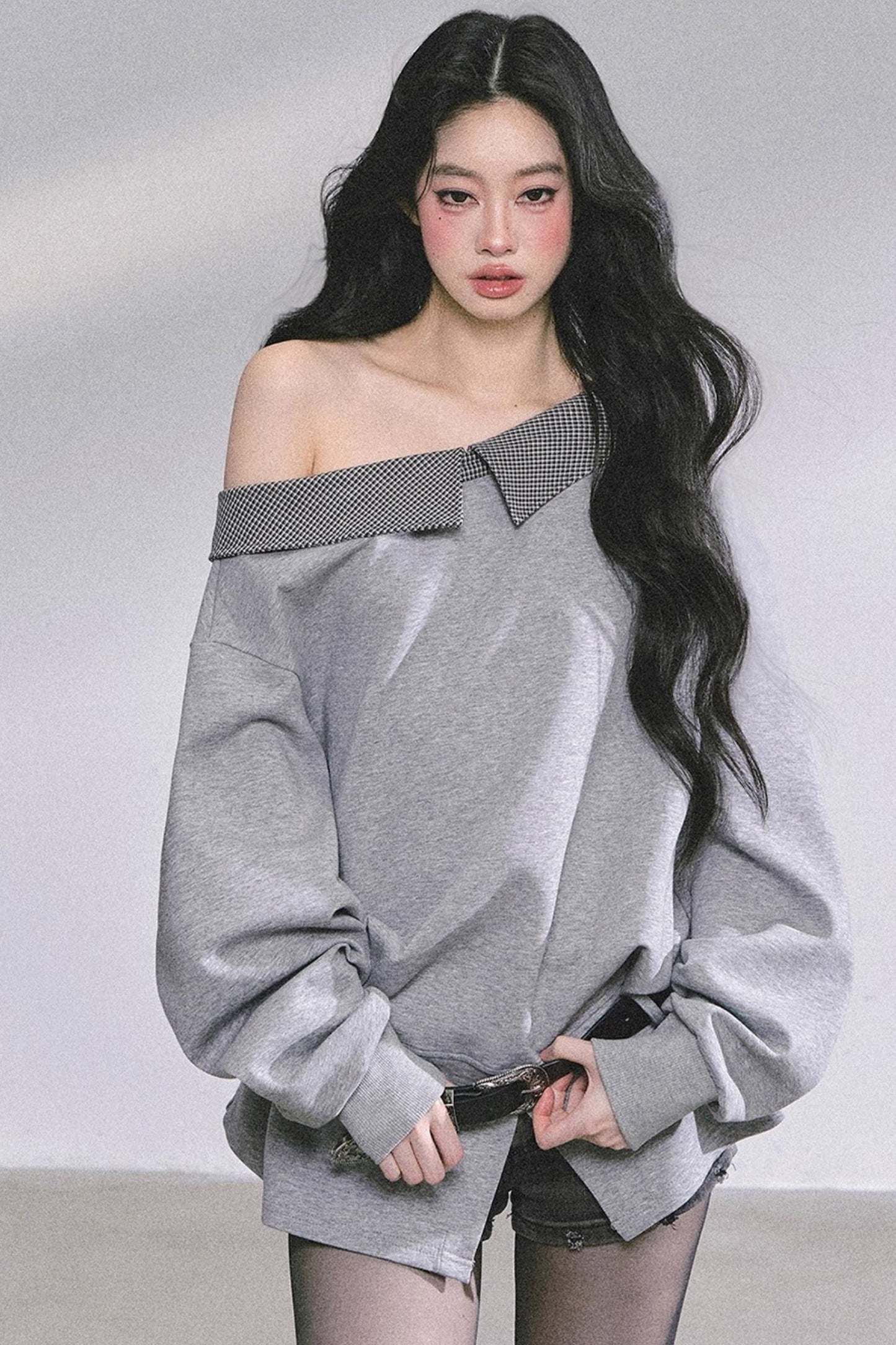 American Slanted Shoulder Plaid Sweatshirt