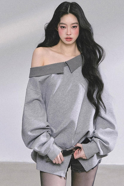 American Slanted Shoulder Plaid Sweatshirt