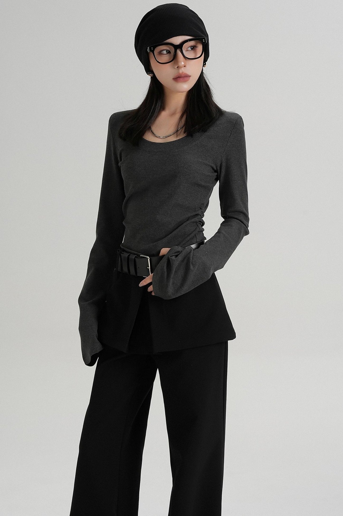 T-shirt amincissant à manches longues à taille ras du cou