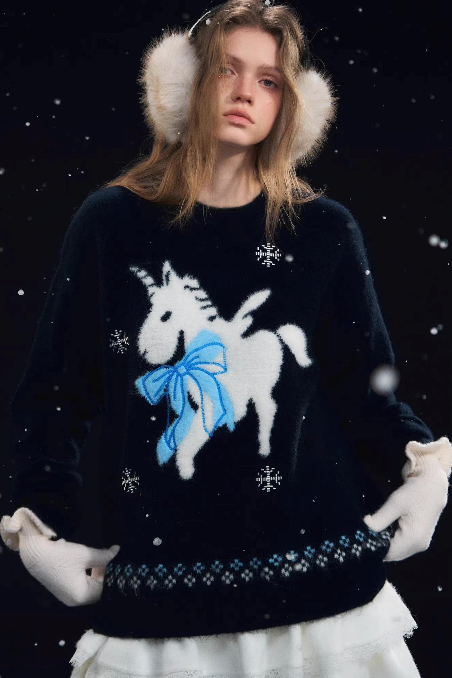 Snowflake Pony Soft Round Neck Sweater