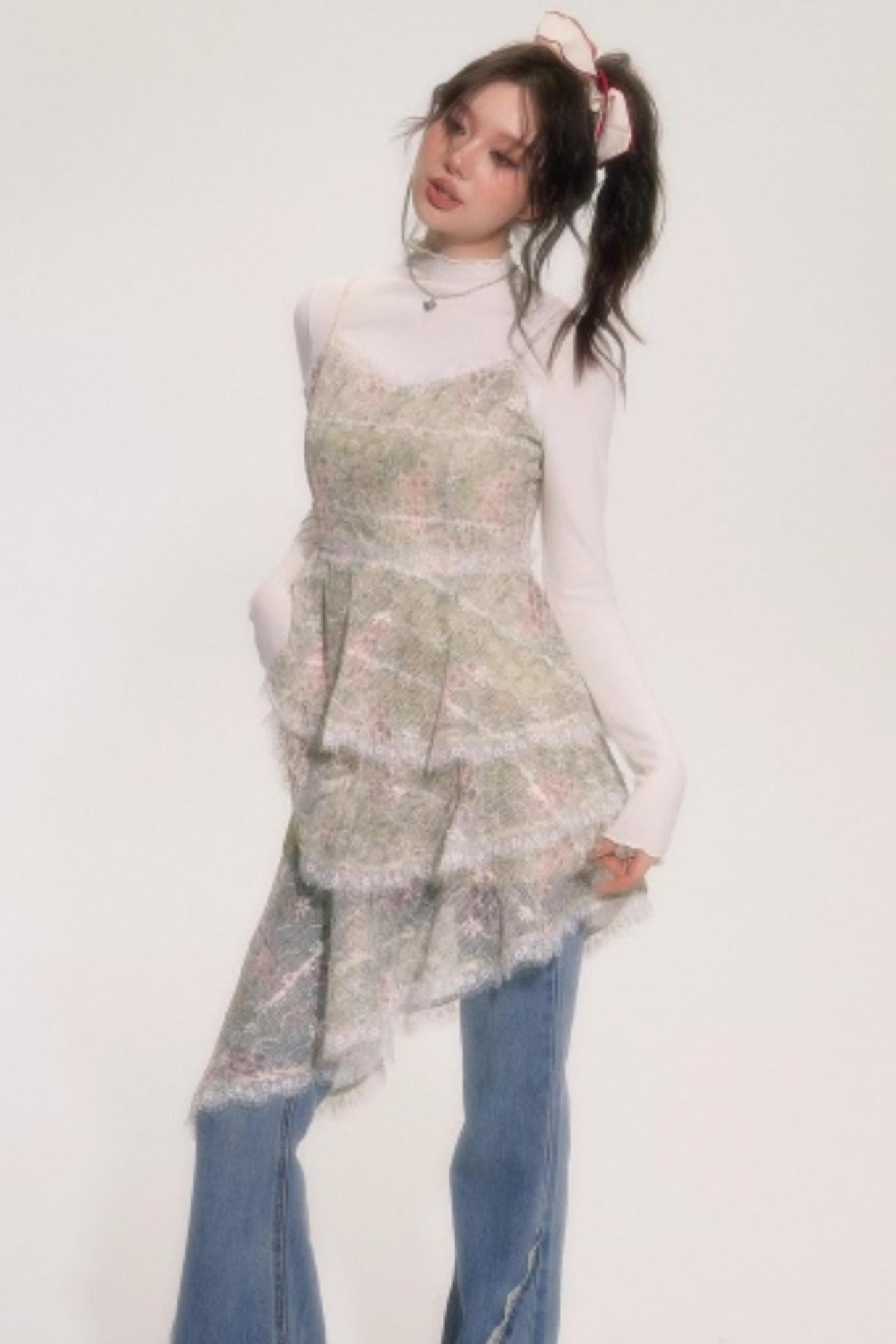 Embroidered Lace Ruffle Dress