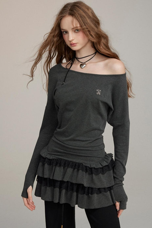 Schräges Schulter-Spitzenkuchen-Kleid 