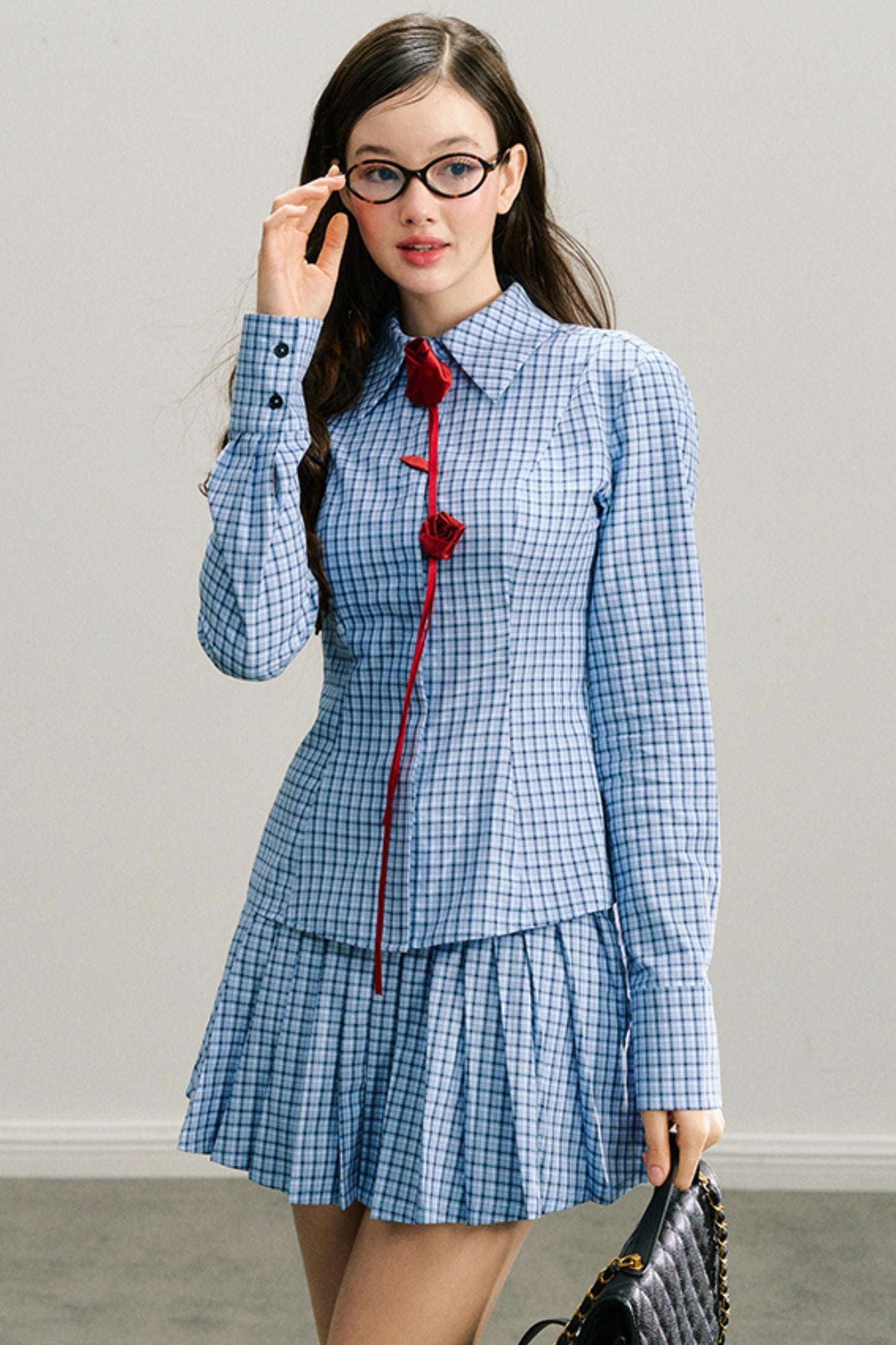 Long live the Milky Way [8.20 20:00] "She came from the sea" handmade red rose navy blue plaid shirt pleated skirt