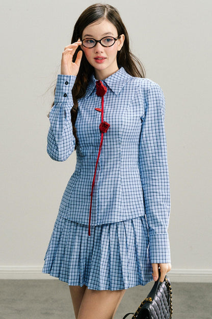 Long live the Milky Way [8.20 20:00] "She came from the sea" handmade red rose navy blue plaid shirt pleated skirt