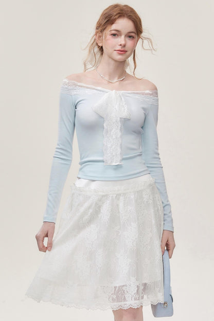 Light  Blue Lace One-Shoulder Top