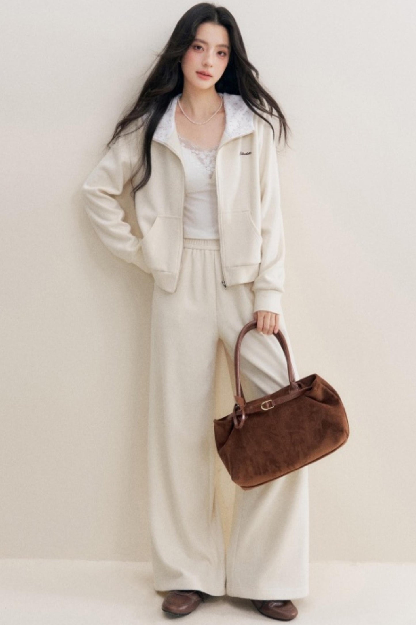 Rose Print Patchwork Hooded Jacket Set-Up