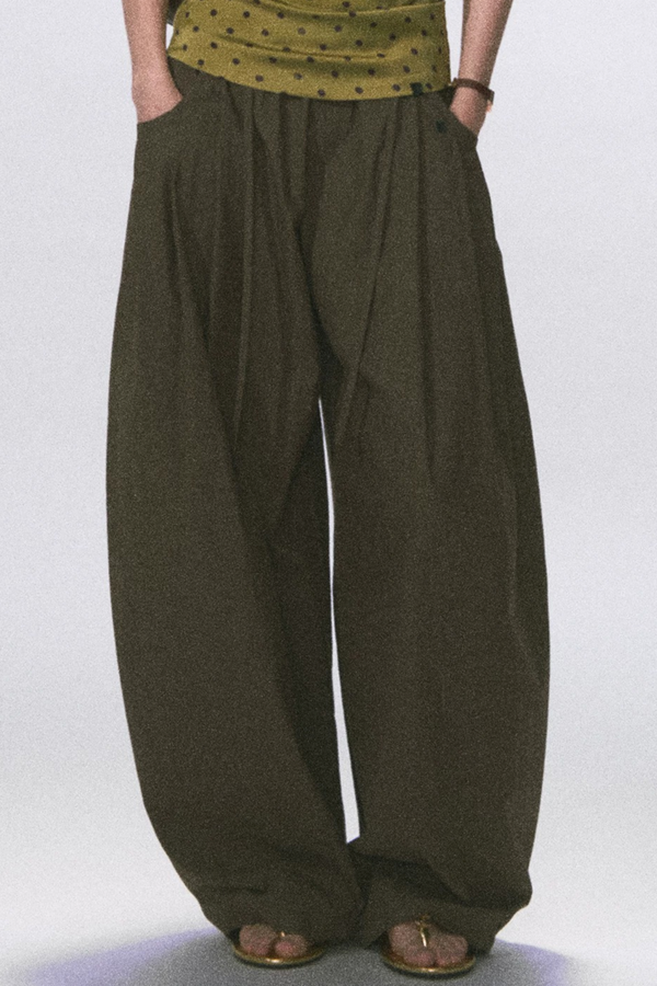 Wrinkled Twill Wide-Leg Pants