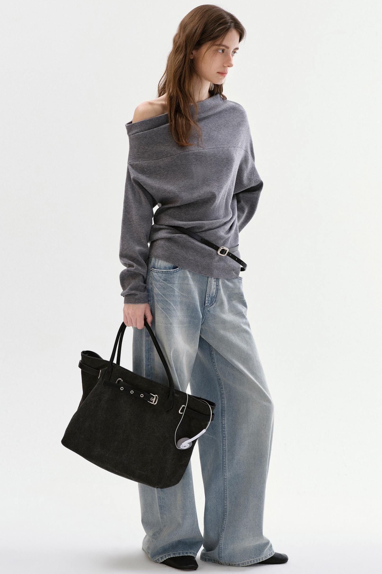 Pleated Off-Shoulder Knit Sweater