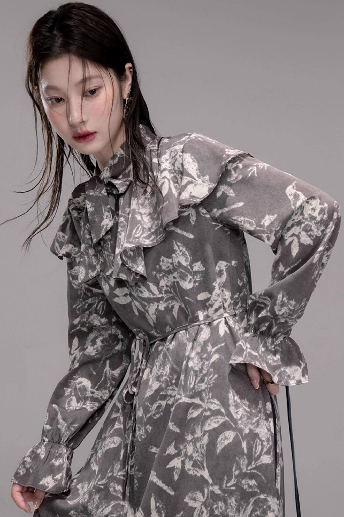 Lace-Up Shawl Collar Dress