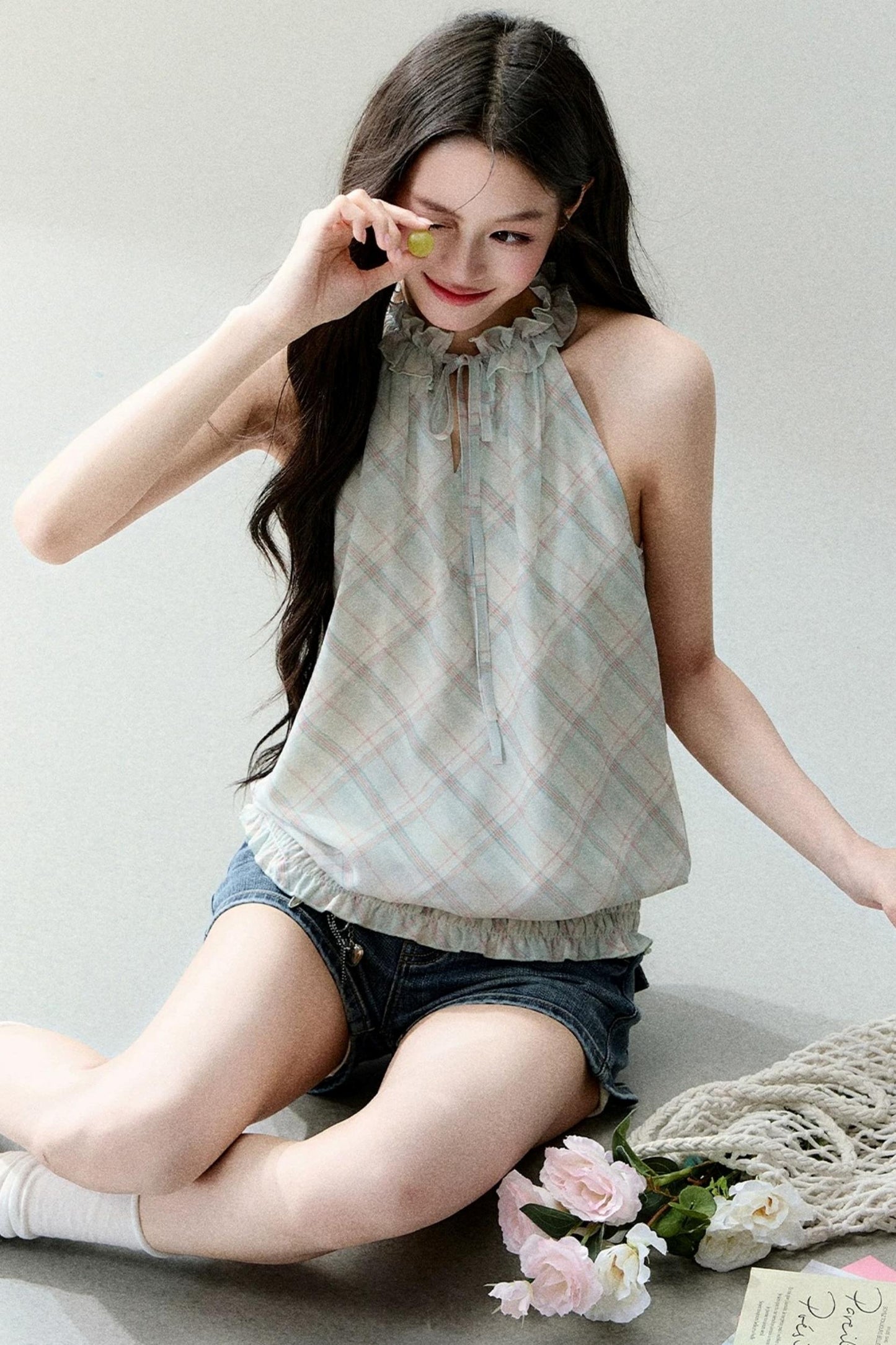 Mint Sheer Plaid Halter Top Set-Up