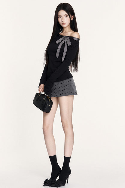 French Retro Polka Dot Lace-Up Long-Sleeved T-Shirt