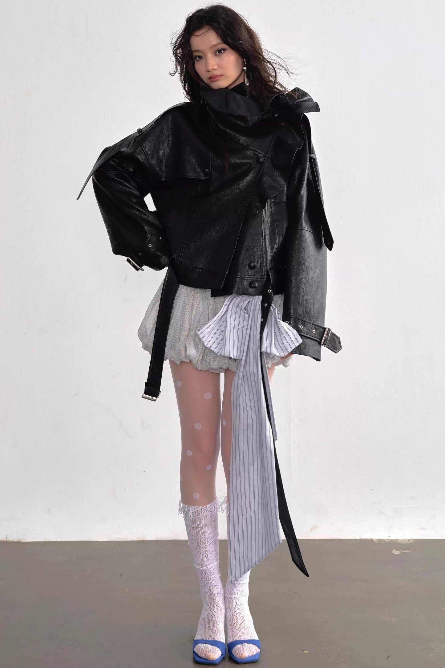 Three-Dimensional Ruffled Faux Leather Jacket