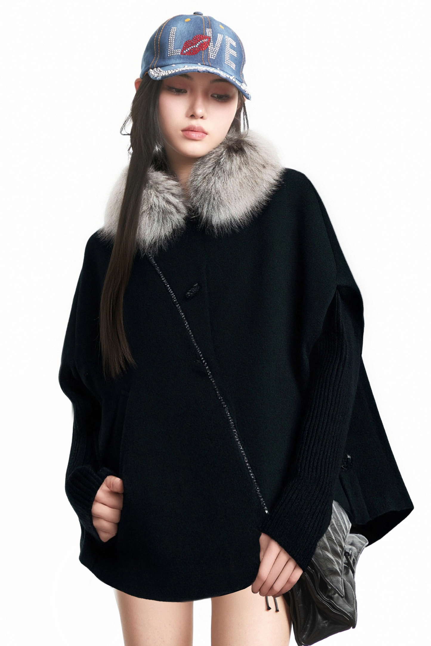Black Fur Collar Wool Cape