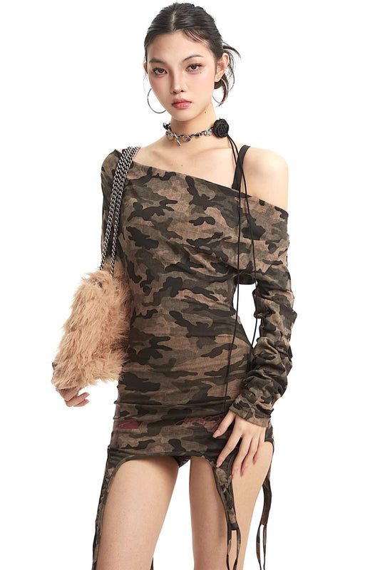 Retro Camouflage Off-Shoulder Dress