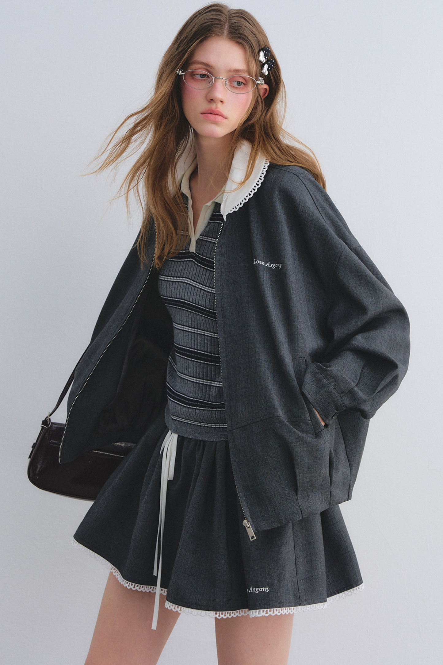 Lace Floral Gray Jacket Skirt Set-Up