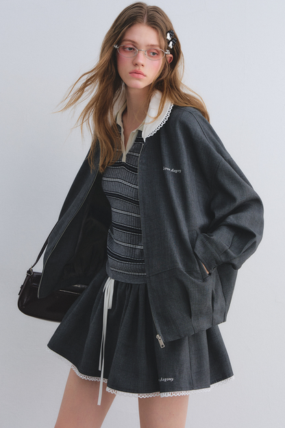 Lace Floral Gray Jacket Skirt Set-Up