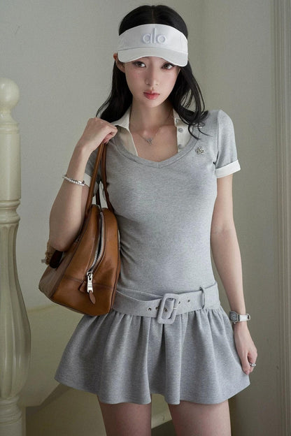 Lapel Contrast Pleated Dress