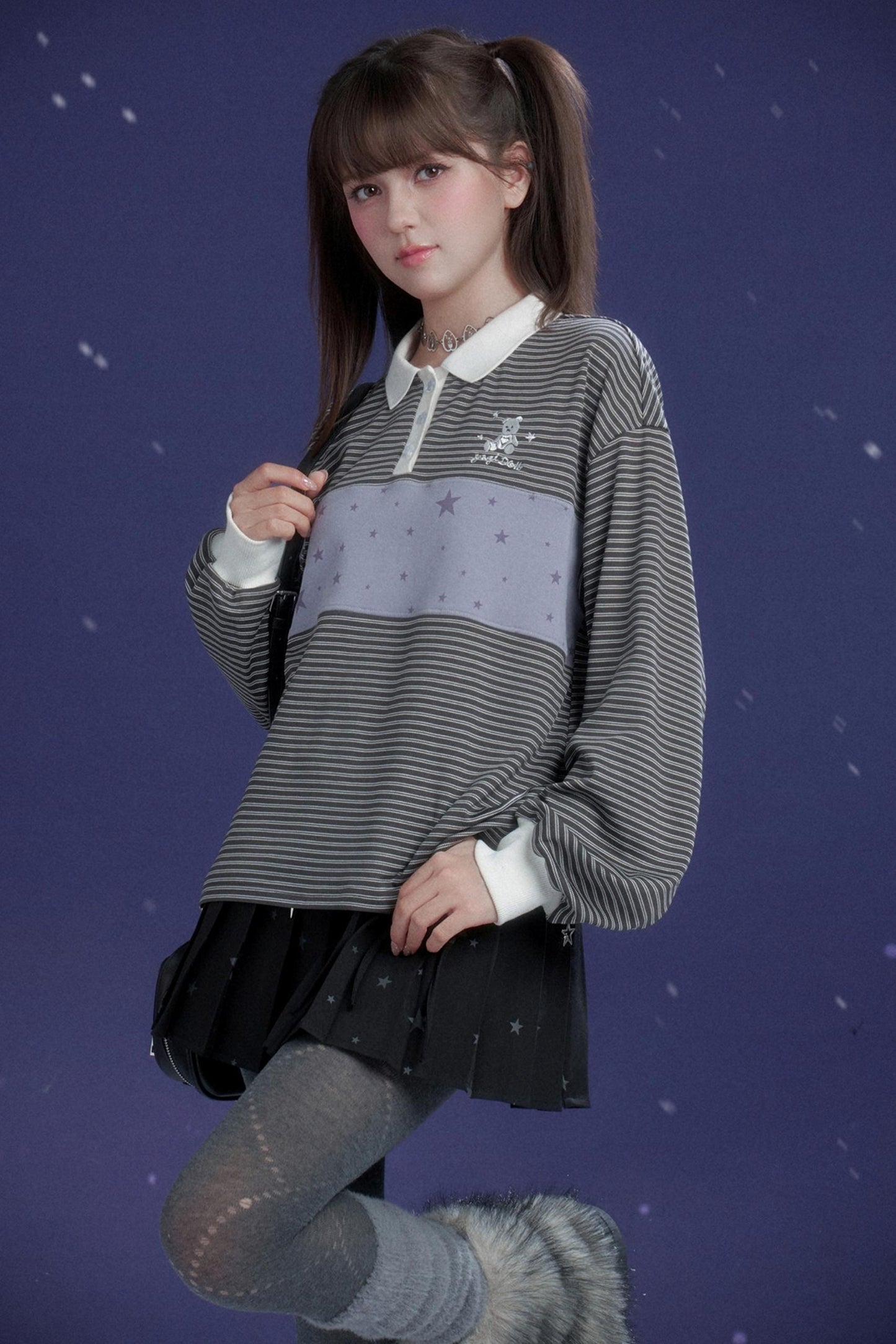 Energetic Gray-Purple Striped Polo Top