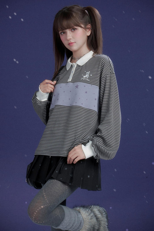 Energetic Gray-Purple Striped Polo Top