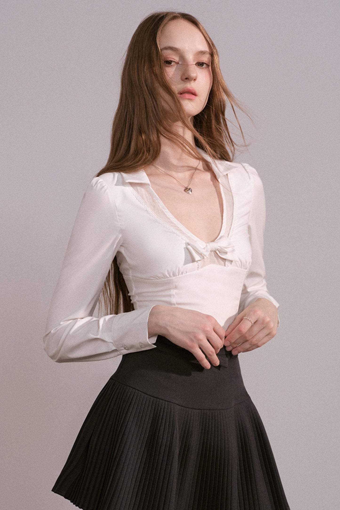 Bow V-Neck Long Sleeve Shirt Set-Up