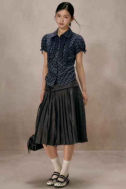 Navy Plaid Ruffled Short Sleeve Shirt