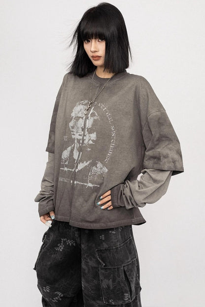 Vintage Distressed Gray Long Sleeve T-Shirt