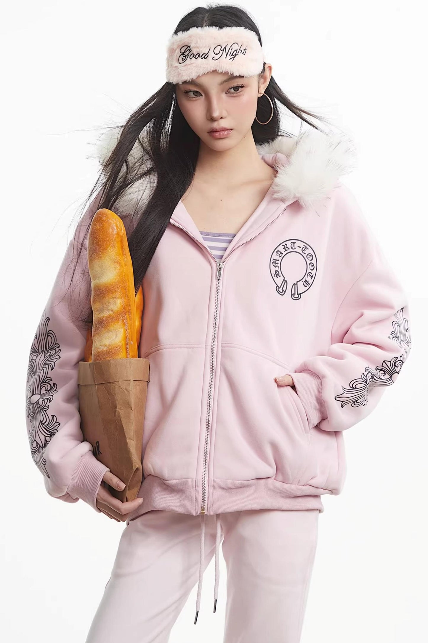 Printed Fur Collar Hooded Jacket