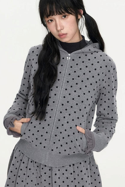 Polka Dot Hooded Knit Sweater Skirt Set-Up