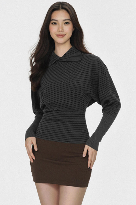Dark Gray Striped Pleated Top