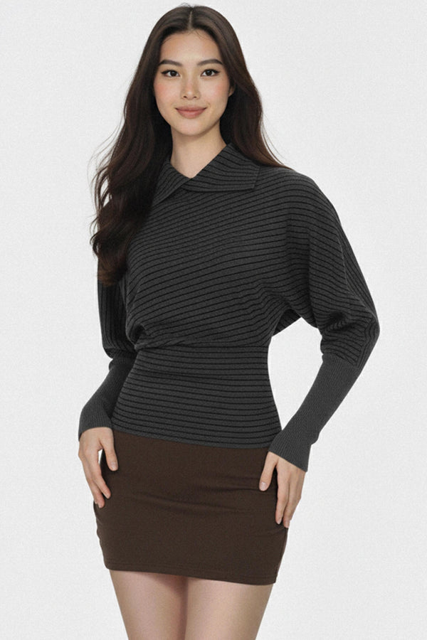 Dark Gray Striped Pleated Top