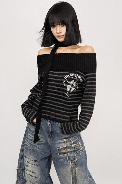 Light Sweet Asian One-Shoulder Knitted Sweater