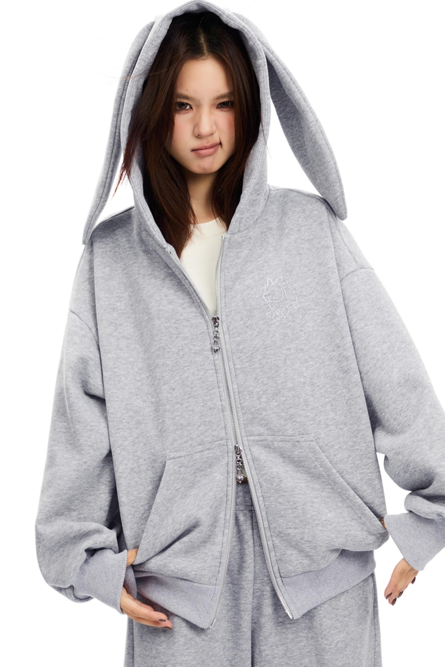 Bunny Ears Hooded Cardigan & Wide Pants Set-Up