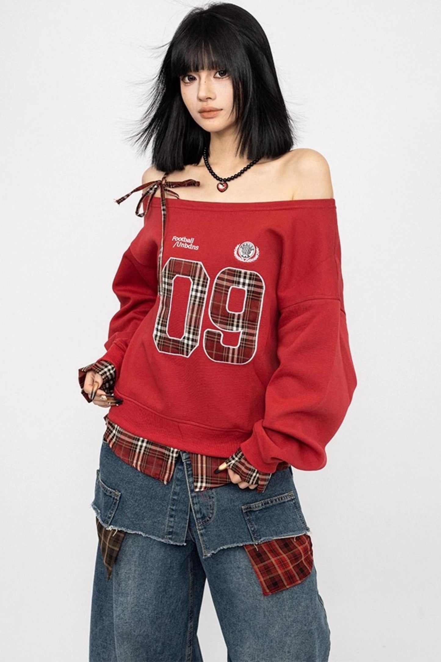 Vintage Plaid One-Shoulder Sweatshirt