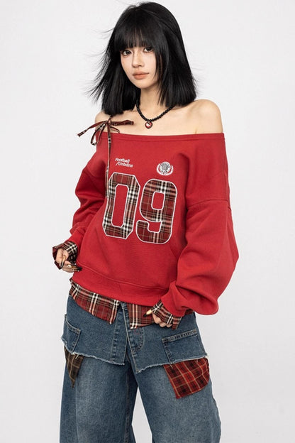 Vintage Plaid One-Shoulder Sweatshirt