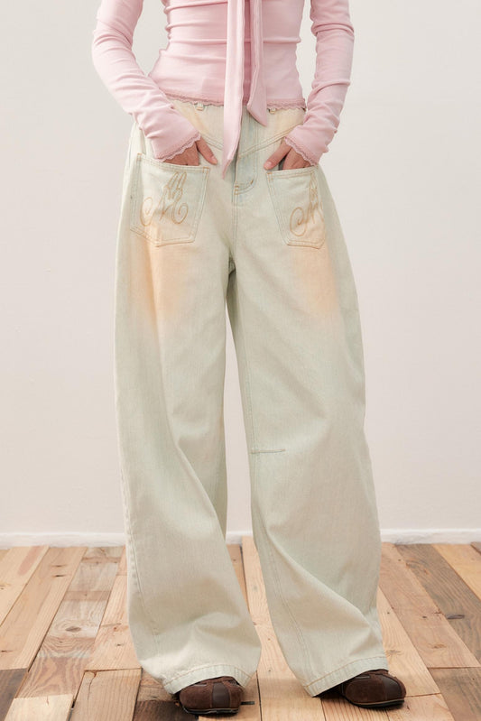 Vintage Washed Distressed Wide-Leg Jeans