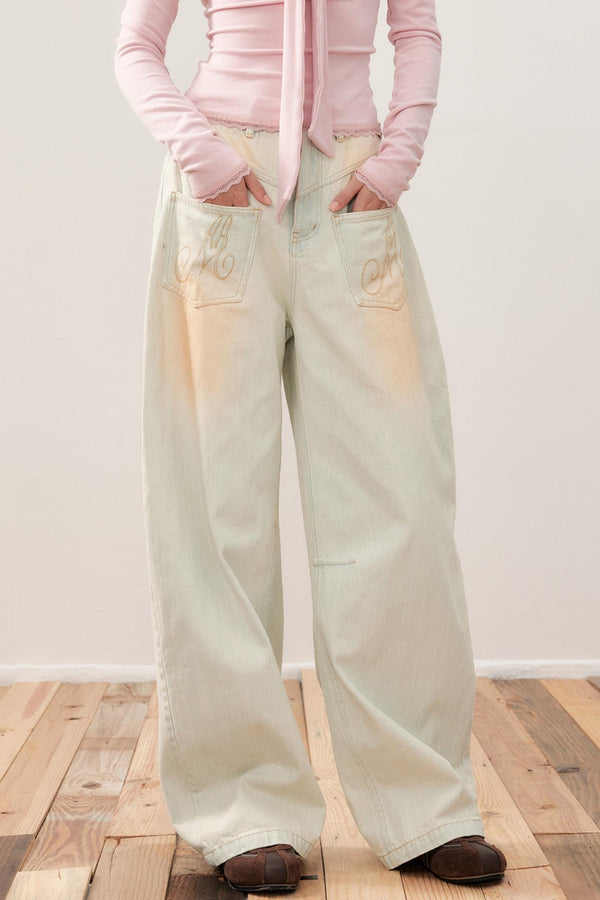 Vintage Washed Distressed Wide-Leg Jeans