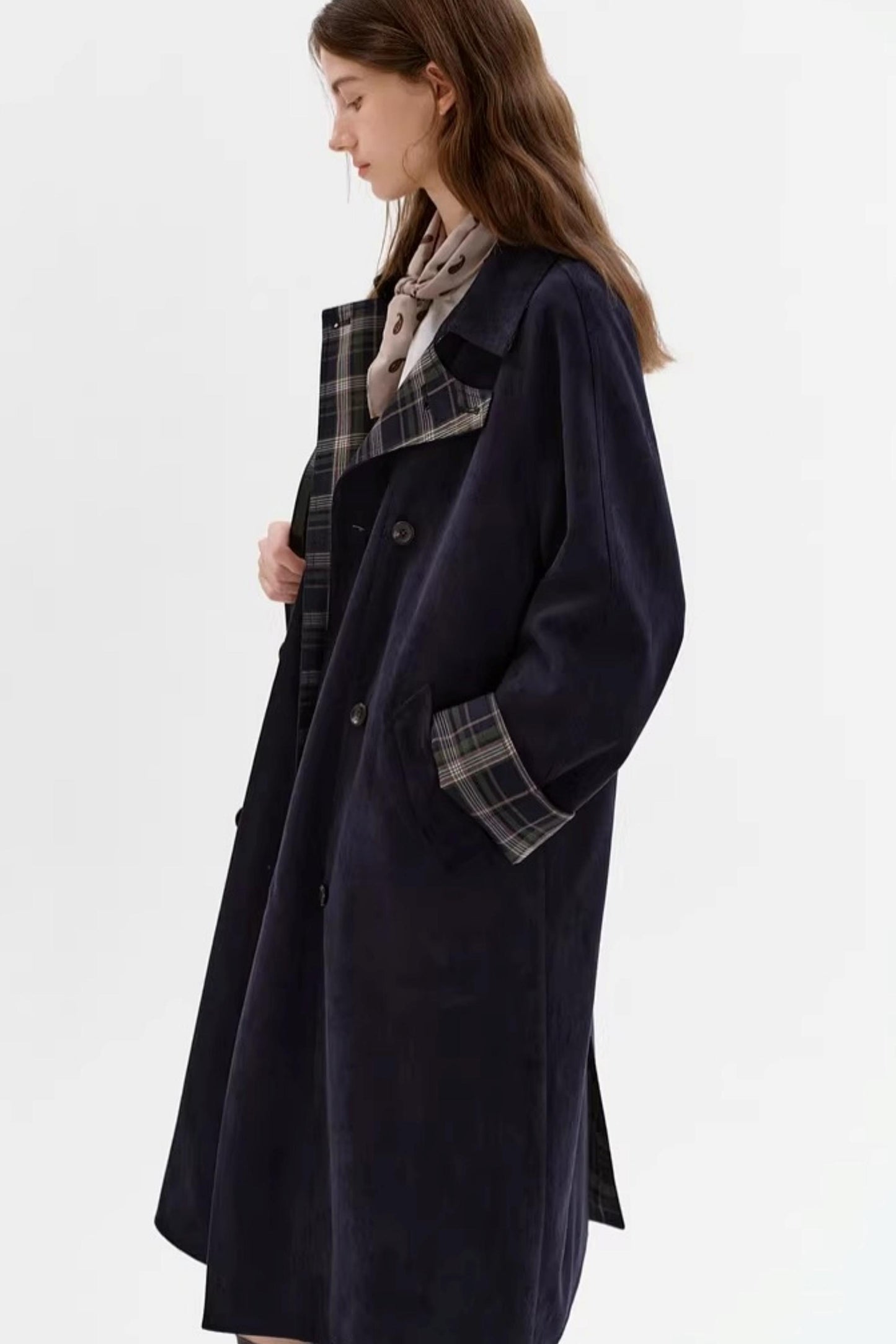 Contrasting Plaid Suede Coat