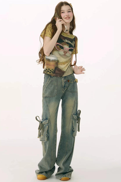 Retro Distressed Cat Print T-Shirt