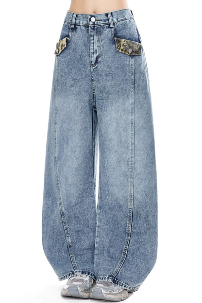 패치워크 와이드 레그 데님 팬츠