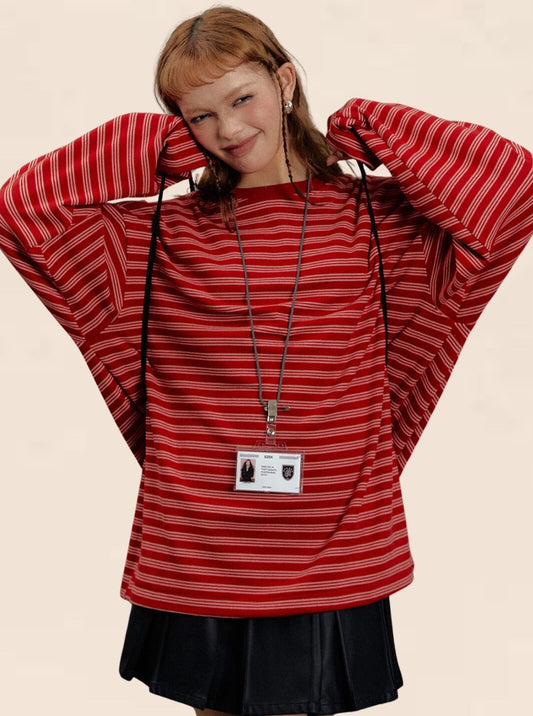 EZEK American Retro Loose Long Sleeve T-Shirt Rundhalsausschnitt Base Shirt Women's New Spring and Summer New Wear Red Striped Top