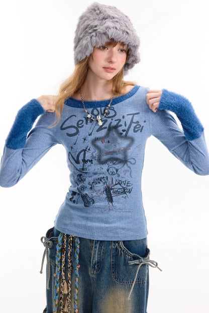 Patchwork Plush Crew Neck Knitted Base Shirt