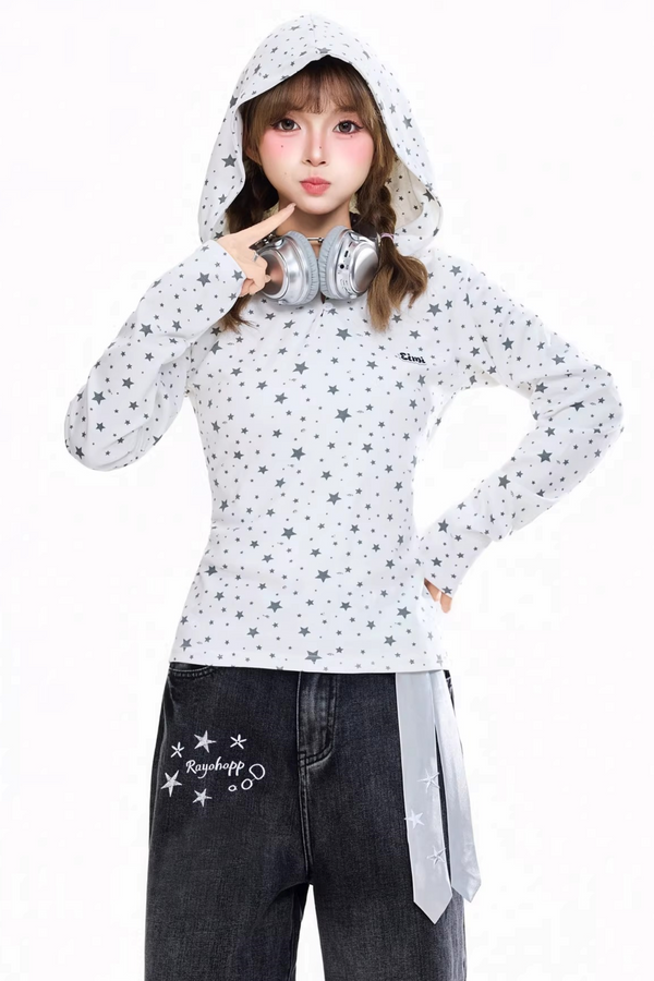 Retro Star-Printed Long-Sleeve Top