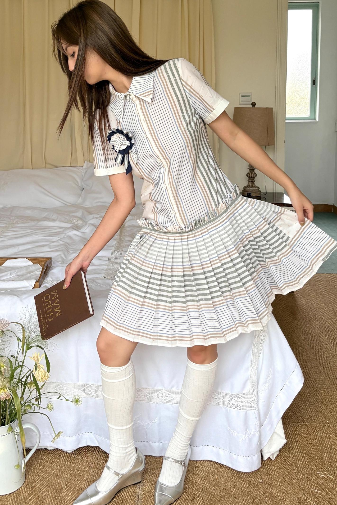 Japanese Sweet Striped Pleated Dress