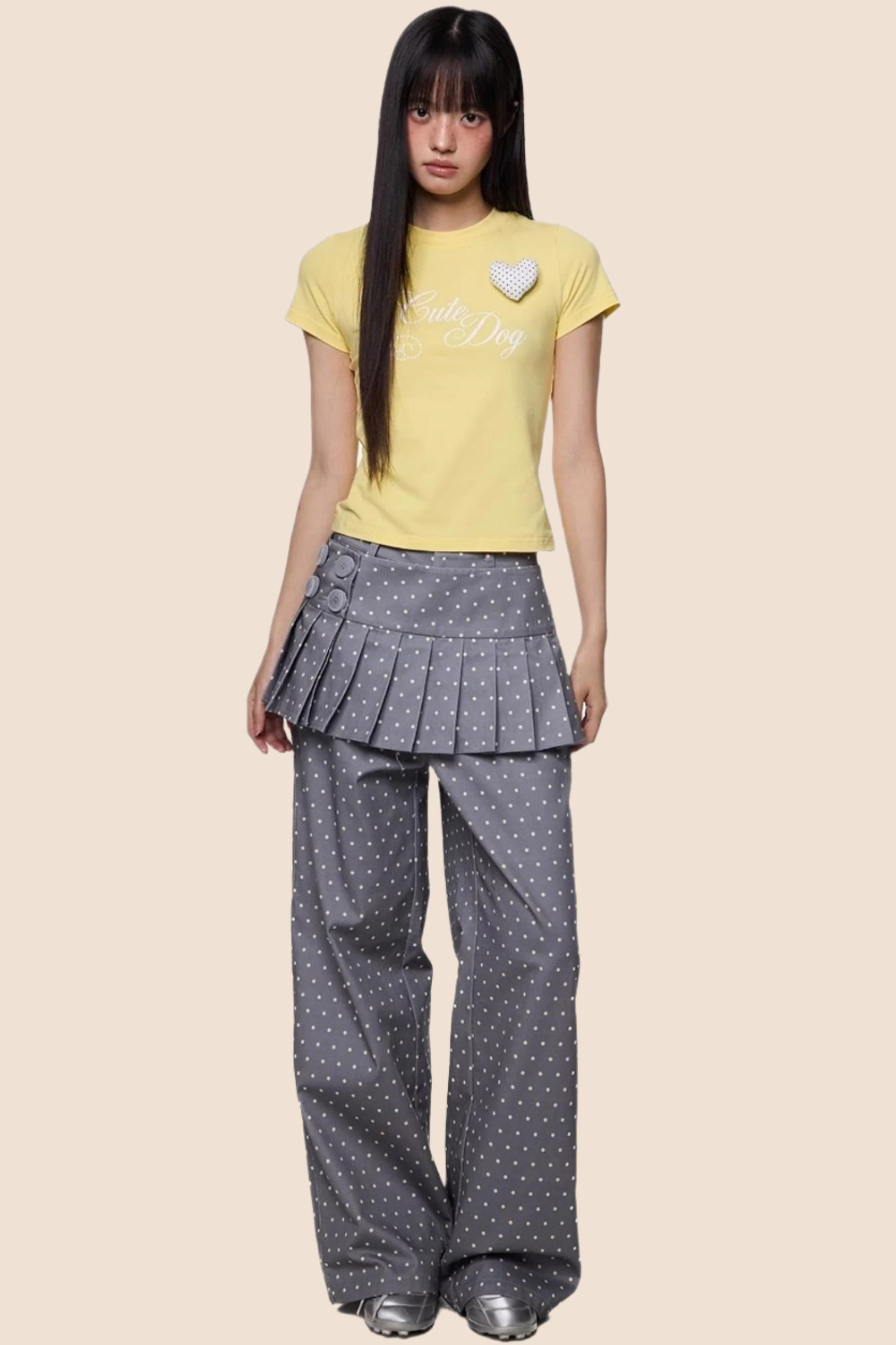 Gray And Yellow Polka Dots Pleated Skirt-Pants Set